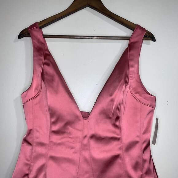 Anthropologie Sleeveless Plunge Satin Mini Dress Womens US Size 12 Pockets Pink - Picture 2 of 11